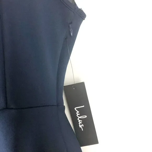 LULU’s Blue Sheer Determination Navy Blue Mesh Skater Dress Small New With Tags - Picture 5 of 10